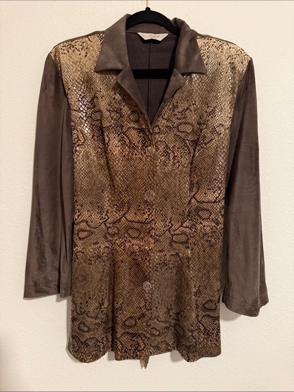 Vintage Faust France two piece velour set with snake skin print on blouse